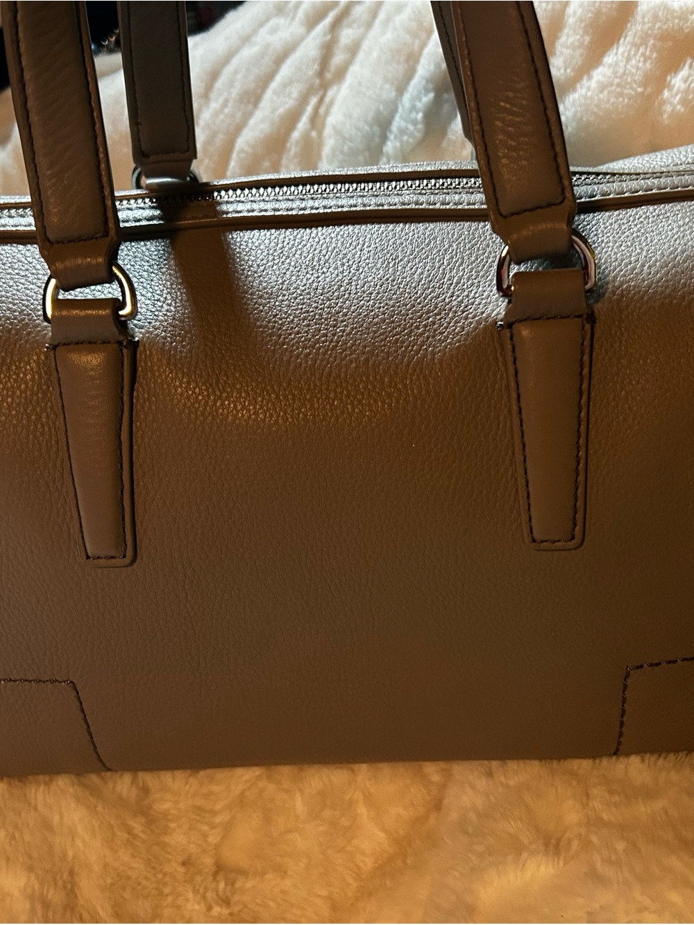 Tory Burch Neutral Taupe Leather Satchel with Logo Accent - Picture 4 of 4
